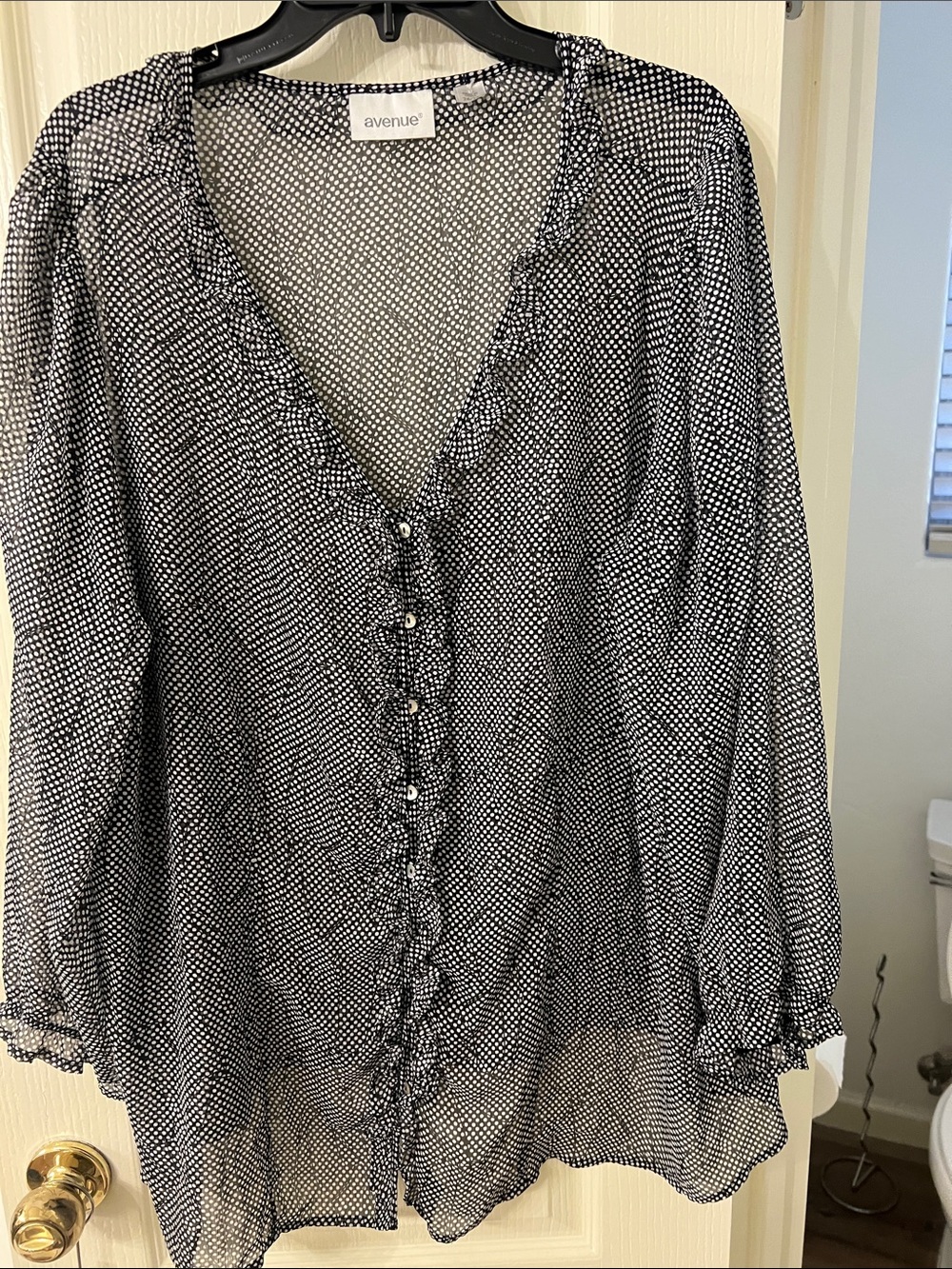 Avenue Black & White Microdot Ruffle-Trim Button Blouse